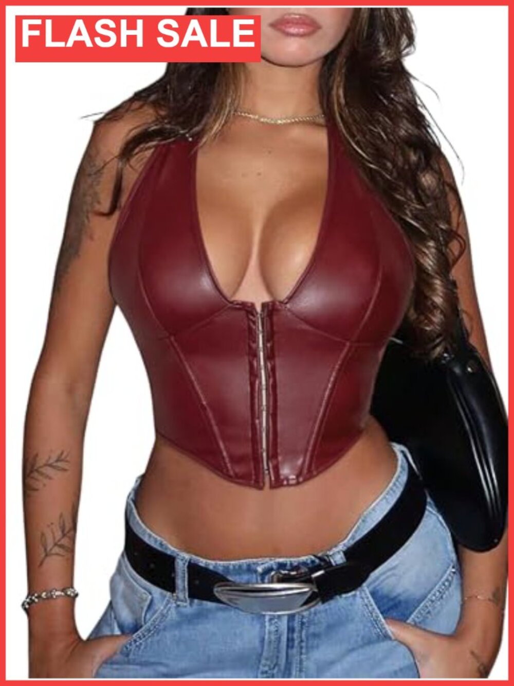 PU Leather Halter Neck Crop Tank Top Backless Tie Back Slim Fit Bustier